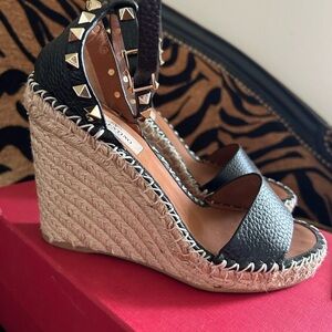 Valentino Black Leather Studded Espadrille Wedge Sandals